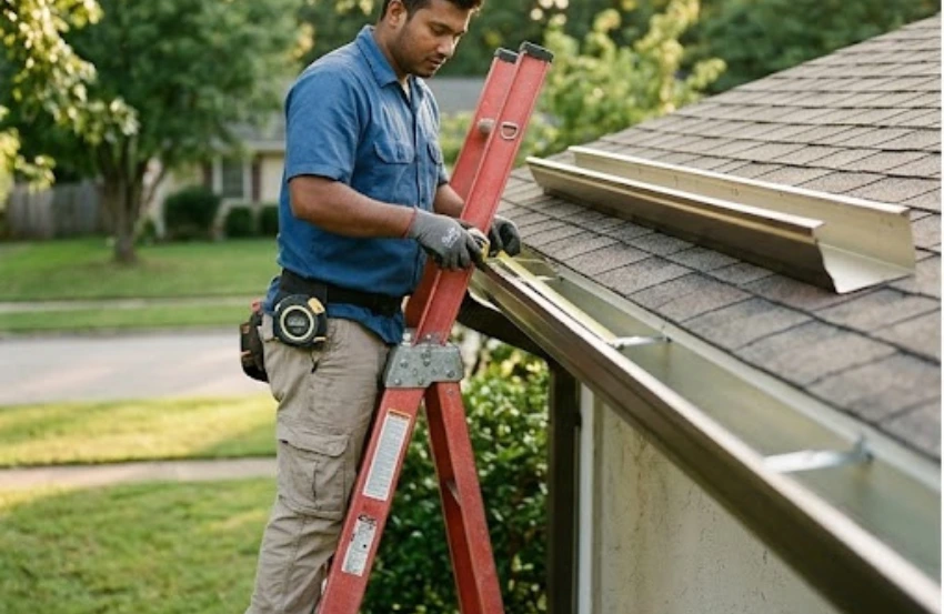 Installing New Gutters North Beach MD service protecting a residential home from rainwater damage