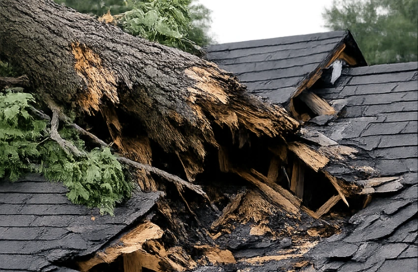 Storm Damage Roof Huntingtown MD home with missing shingles after heavy wind and rain storm