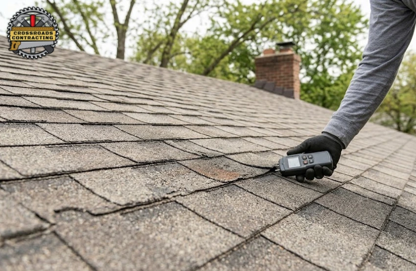 Roofing contractor inspecting a damaged roof to determine roof repair or roof replacement in Southern Maryland