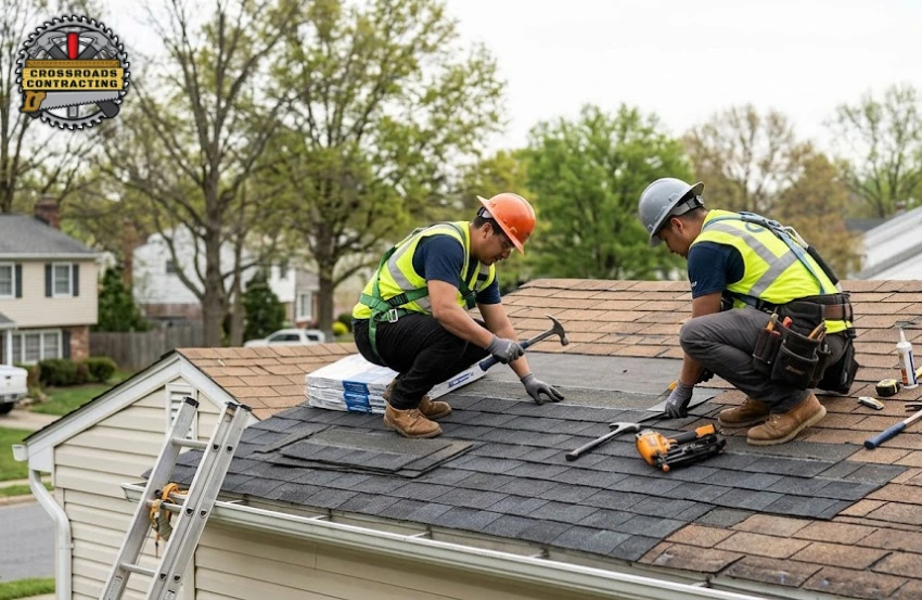 Experienced Roofing Contractor in Calvert County, MD performing roof repair on a home