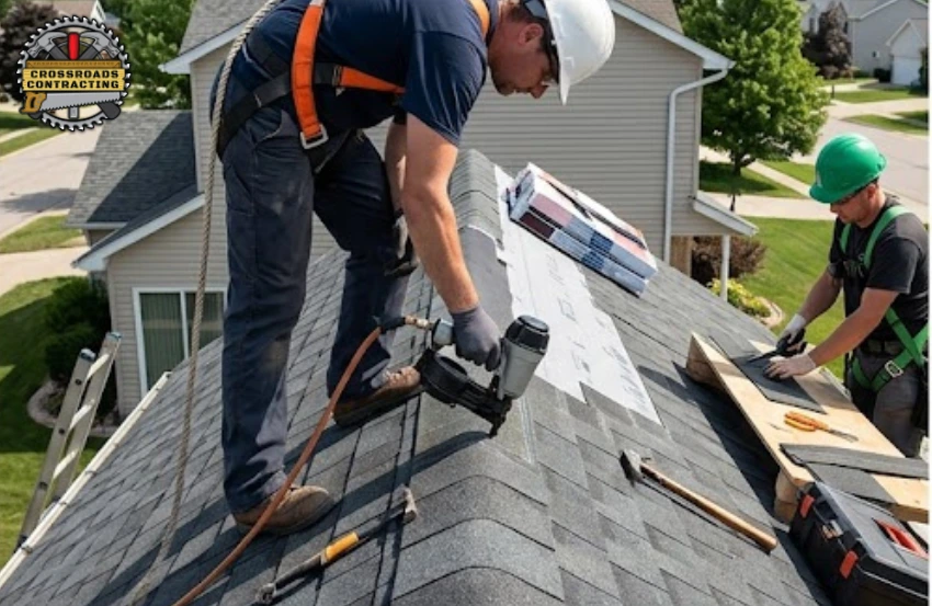 Roofing Contractor in Dunkirk, MD performing roof repair on a damaged residential roof