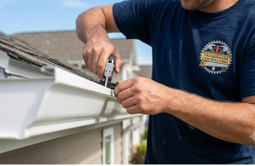Contractor installing 6 Inch Gutter Service Taneytown MD on a residential roofing system.
