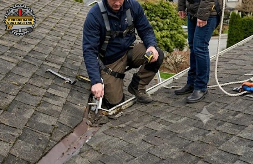 Homeowner discussing roofing project with a contractor before hiring a roofing contractor