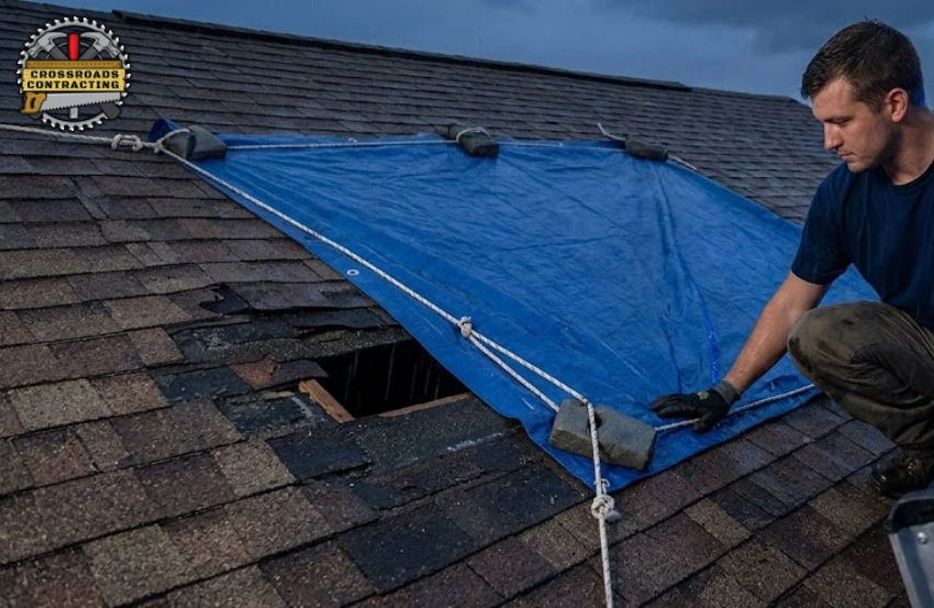 Emergency Roof Repair Frederick MD for active roof leaks caused by heavy rain and damaged roofing materials.