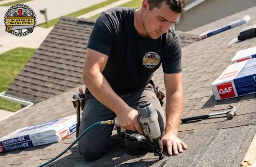 GAF Certified Roofer Dunkirk MD inspecting a residential roof for quality and safety before recommending repairs or replacement.