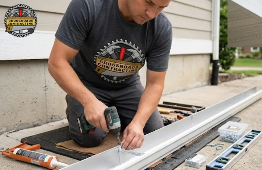 Roofing contractor performing Gutter Repair Prince Frederick MD on a residential home.