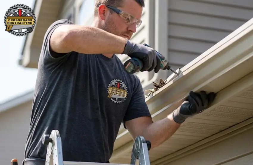 Damaged rain gutters needing Gutter Repair Prince Frederick MD after heavy rain.