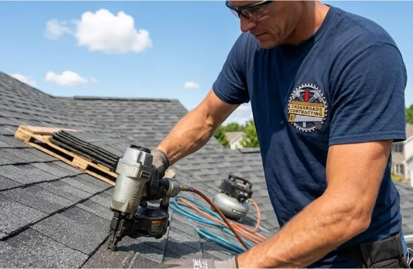 Professional Roofing Contractor in North Beach MD inspecting a residential roof for damage and quality.