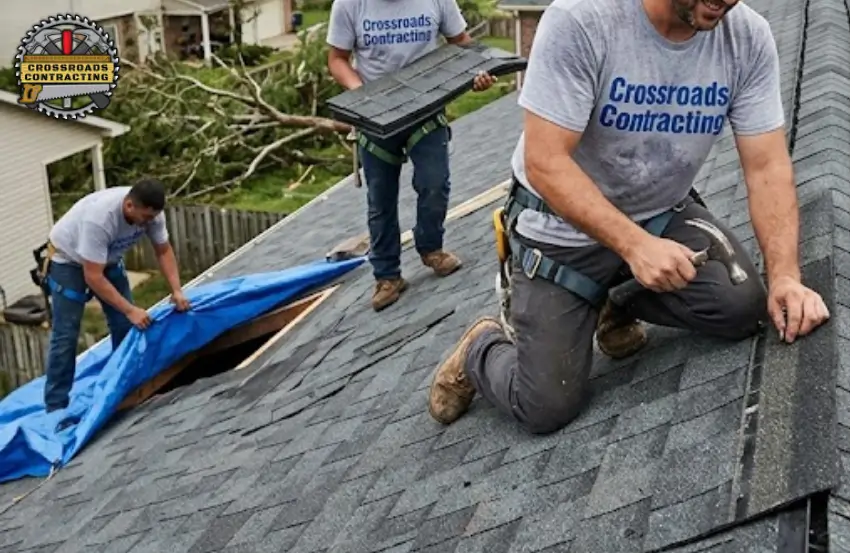 Storm Damage Repair Frederick MD experts repairing damaged asphalt shingle roof