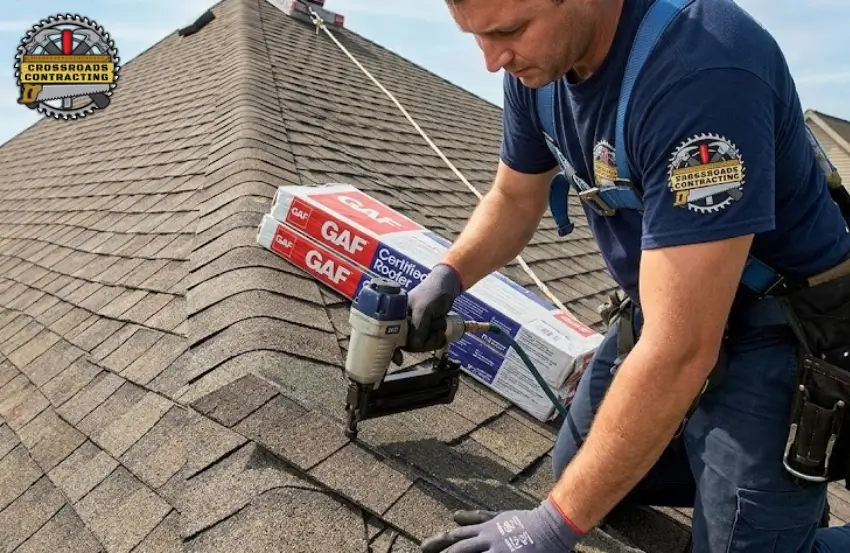 Experienced GAF Certified Roofer Dunkirk MD installing a high-quality asphalt shingle roof using certified roofing practices.